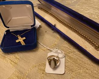14k gold and pearl tennis bracelet with 14k gold crucifix necklace and 10k moonstone ring