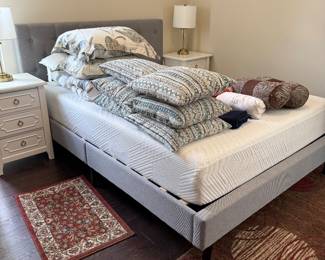 #95 Queen bed w/linen upholstered headboard w/memory foam mattress CLEAN! $225.00