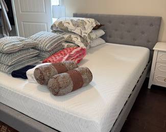 #95 Queen bed w/linen upholstered headboard w/memory foam mattress CLEAN! $225.00