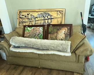 LARGE 2-CUSHION SOFA & FRAMED ANIMAL PRINTS