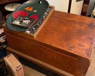 Slant Top Trunk with small box inside, ca: 1900, hand painted Mexican Tole Tray