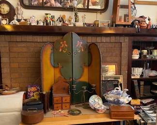 Big Airbrushed (?) Brightly Painted Folding Fireplace Screen, Art Nouveau Triple Candlestick Spice Box w/ 4 drawers, Inlaid Wood Box, All sitting on a Blond Modern Coffee Table ca: 1990s with industrial casters.