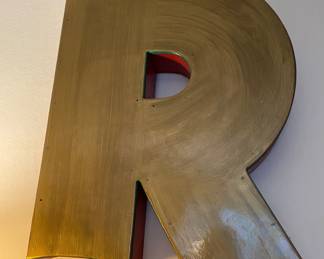 Big Gilt Wood Letter "R" with red interior. 19" tall x 16" wide