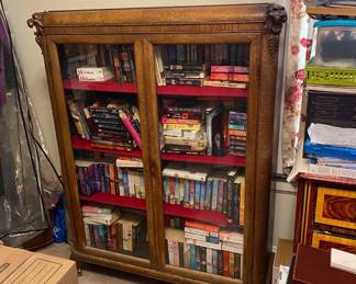 Oak Glass Front Bookcase with Lion Corners and Paw Feet...has original shelves/supports dated 1894 and key