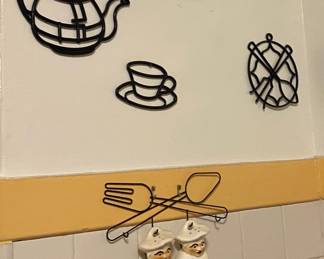 Kitchen Wall Collectibles...Plastic wall Coffee or Tea Pot and Cup, Knife & Fork...Ceramic Chef Salt & Pepper