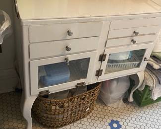 20s-30s Metal White Medical/Dental Cabinet with Beveled Glass and White Milk Glass Top plus drawers