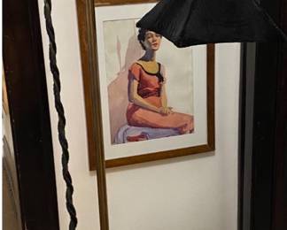 20s Floor Lamp with Hand Made Velvet Shade and Metal tassel with cloth covered cord. Great Wall art, including two water colors of women.