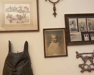 African Wood Mask (marked), Metal Architechural Pieces, prints plus 20s Photography