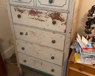 Distressed Green & White Painted 5 Drawer Tall Dresser with bulbous Feet on casters/Scalloped back
