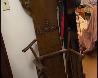 Oak Small scale Hall Tree with shield shape Mirror w/ 4 Hooks and original tray for umbrellas. Great for city living.