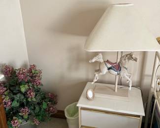 Carousel lamp, single nightstand, artificial floral decor - upstairs