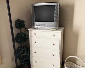 Small Chest and TV with VCR and DVD player, artificial topiary, floor lamp - upstairs