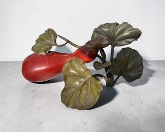 1960s Japanese Eggplant / Gourd & Bird Painted Bronze Okimono / Sculpture Tole $398.00
