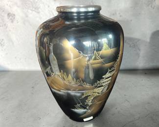Japanese mixed-metal vase black enamel gold village scene $55.00