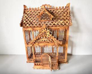 Hand-Carved Ornate Wooden Birdcage – Victorian House Style Display Piece $275.00