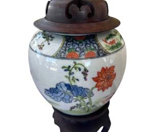 Antique Ginger Jar with Wood Base and Lid $88.00