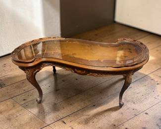 Vintage French Coffee Table Kidney Shape Carved Angel Scroll Work Hand Cut Inlay $795.00