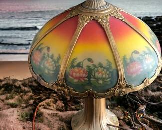 Antique c1920 Pittsburgh Reverse Painted Lamp~8 Panel Chipped ice Shade $1,395.00