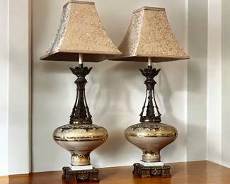 Vtg MCM Art Nouveau Carl Falkenstein Style Lamp Hand Painted Glass Globe with Marble & Bronze Table $265.00