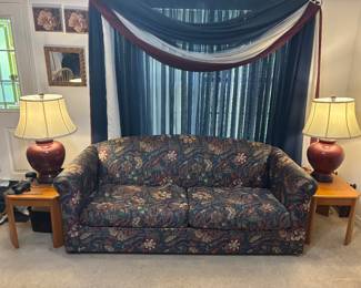 (2) Oak End tables $60.00 each   20"w 24"d 19"t  (2) Large Red Lamps $80.00 pair 14" w 32"T  