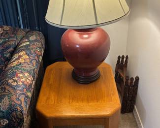 (2) Oak End tables $60.00 each   20"w 24"d 19"t     (2) Large Red Lamps $80.00 pair 14" w 32"T                                                