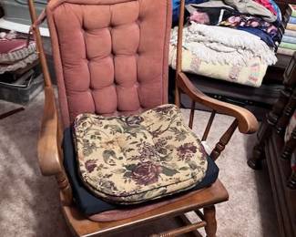 Vintage Spindle-Back Wooden Rocking Chair with Armrests (Includes Cushions)