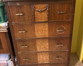 Antique/Vintage 4-Drawer Wood Tallboy Dresser — classic style with ornate garland detail. Solid project piece for restoration!