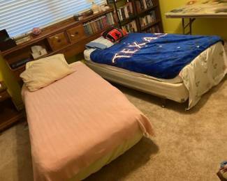 Vintage Colonial-Style King Bookcase Headboard with Dual Twin Swing/Swivel Metal Bed Frames with Castors
