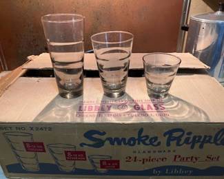 Vintage Libbey "Smoke Ripple" 22-Piece Glassware Set in Original Box (Set No. X2472): Mid-century retro Libbey Glass (Owens-Illinois) "Smoke Ripple" glassware collection featuring a subtle grey/smokey tint and distinct horizontal ripple ring design.