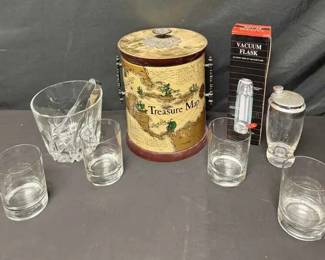 16CT156Vintage Mid Century CERA Treasure Nap Ice Bucket And Mixed Barware Lot