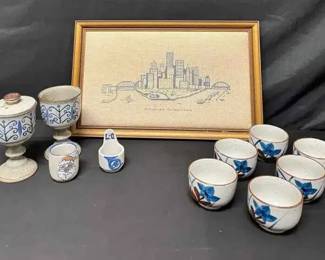 16CT136Vintage Hand Painted Blue And White Pottery Lot And Cross Stitched Art