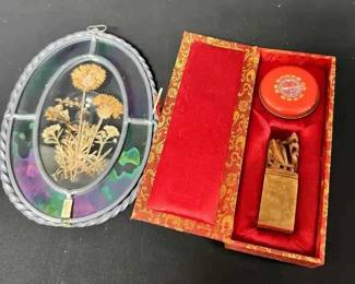 16CT172Vintage Chinese Carved Soapstone Seal Stamp Set with Red Ink And Pressed Frame