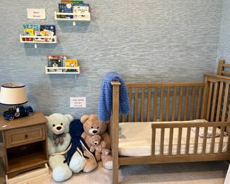 Pottery Barn Kids Toddler Bed with transitional side piece and Pottery Barn Kids nightstand and Pottery Barn Kids truck lamp and wall book shelves