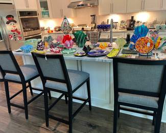 Restoration Hardware chairs/stools and Glass art by the home owner - glass fusion (all are one of a kind)