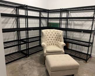 Restoration Hardware tufted chair and ottoman and Storage shelves