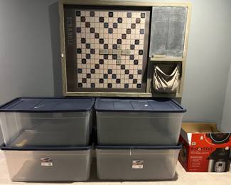 Pottery Barn wall Scrabble board and storage bins