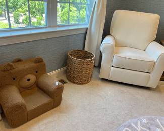 Pottery Barn Kids bear chair, Pottery Barn Kids rug, Pottery Barn Kids electric rocker and recliner, and Pottery Barn Kids toy storage