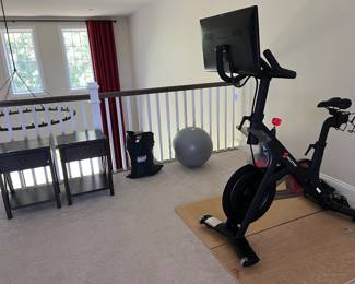 Peloton bike, queen size air mattress, 2 nightstands
