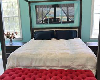 Restoration Hardware king bed and Restoration Hardware red tufted storage bench