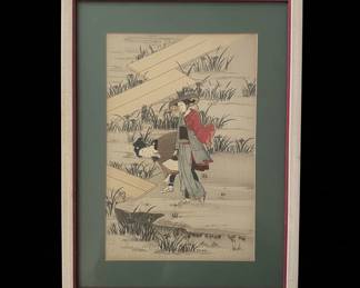 Ukiyoe Woodblock Print Irises at Yatsuhashi by Suzuki Harunobu