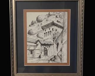 Original Ink Architectural Study of Mediterranean Village