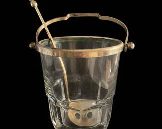 Vintage Glass Ice Bucket with SilverPlated Rim and Tongs