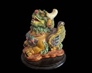 Chinese Ceramic Pixiu Figurine on Wooden Base