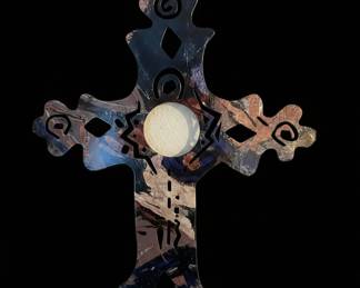 Decorative Metal Wall Cross with Geometric Cutouts and Abstract Print