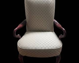 Queen Anne Style Upholstered Armchair with Cabriole Legs and Pad Feet