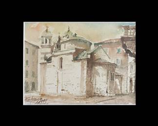 Watercolor Painting of European Architecture by P. Indray,