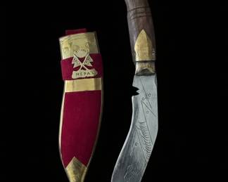 Decorative Nepalese Kukri Knife with Engraved Blade and Velvet Scabbard