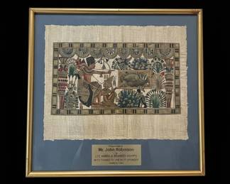Egyptian Papyrus Painting with Presentation Plaque Gifted to John Robinson