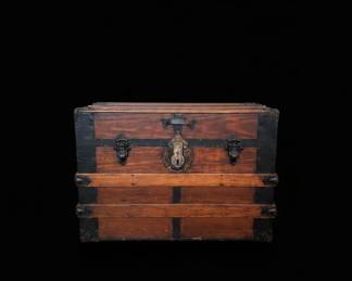 Antique Wood and Metal Bound Steamer Trunk