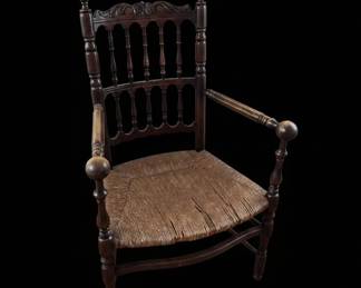 Antique Lancashire Spindle Back Armchair with Rush Seat